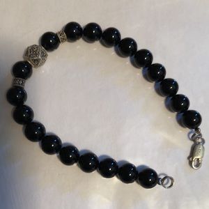 Vintage Sterling marked FAS Marcasite and Black Onyx Bead Bracelet.